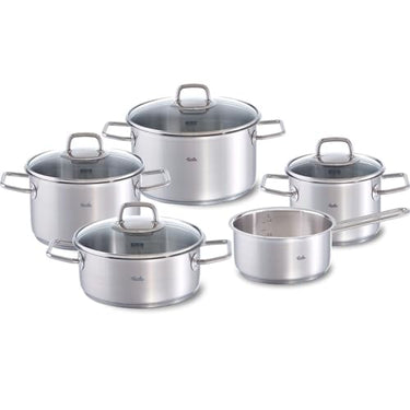 Fissler Viseo / stainless steel pot set, 5-piece, cooking pot set, pots with glass lids, induction, all stove types (3 cooking pots, 1 stewing pot, 1 saucepan without lid) on sale